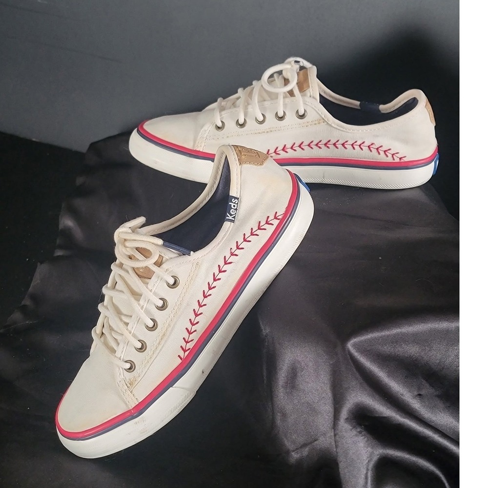 Keds Doubleโ Up Baseball Sneakers Off White Canvas Red Stitching Youth Size 2M
